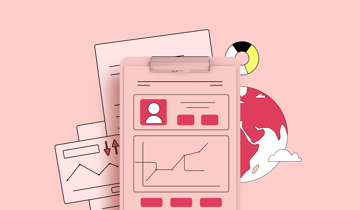 Illustration of a clipboard with graphs, charts, and documents against a pink background. A globe and color wheel are in the background.