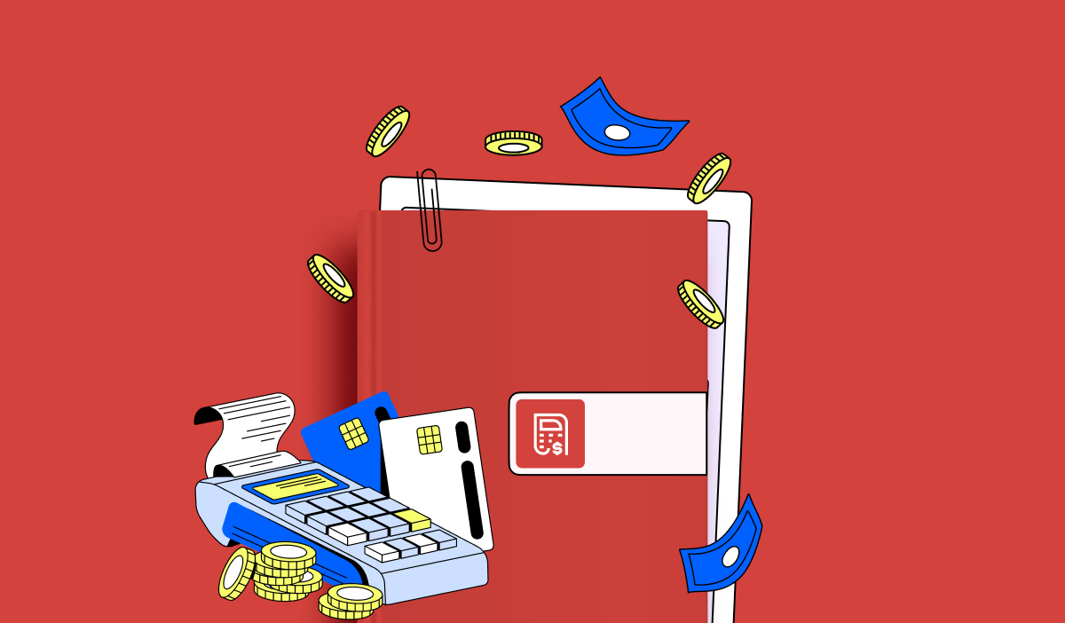 Illustration of financial elements: a stack of papers clipped together, a payment terminal, credit cards, receipts, coins, and banknotes on a red background.