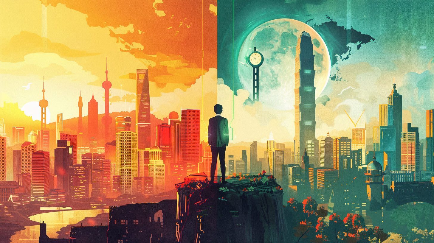 A striking conceptual illustration of a person working in two countries at once, with the scene split between contrasting landscapes and time zones, connected by glowing digital elements and mirrored devices.