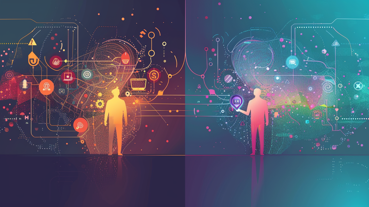 Split-screen illustration showing a full-stack HR system with interconnected functions on one side and a streamlined payroll process on the other, both balanced and modern.