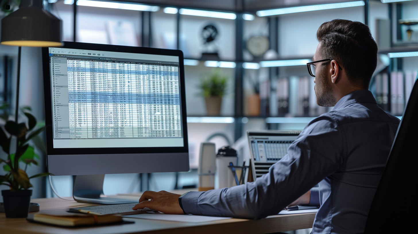 Realistic illustration of a modern employee in a sleek office reviewing digital payroll ledgers on a computer, with glowing rows of data reflected on the screen.